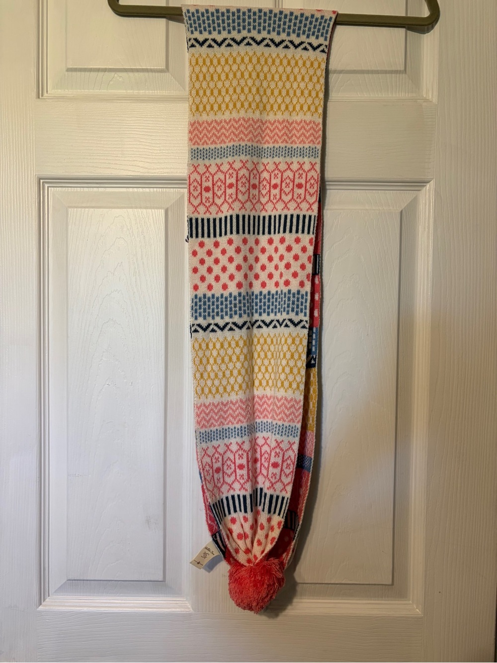 Matilda Jane Pink Yellow Blue Patterned Knit Scarf with Pom Pom